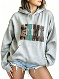 Women's Western Mama Graphic Pullover Hoodie - Cotton Blend, All-Seasons, Casual Vintage, Medium Cut, Country Leopard/Cow Print, Turquoise Letter, Pocketed, Cozy Loose Tops, Winter Outfits, Mother's Day Gift, Women's Clothing, Leopard Stuff