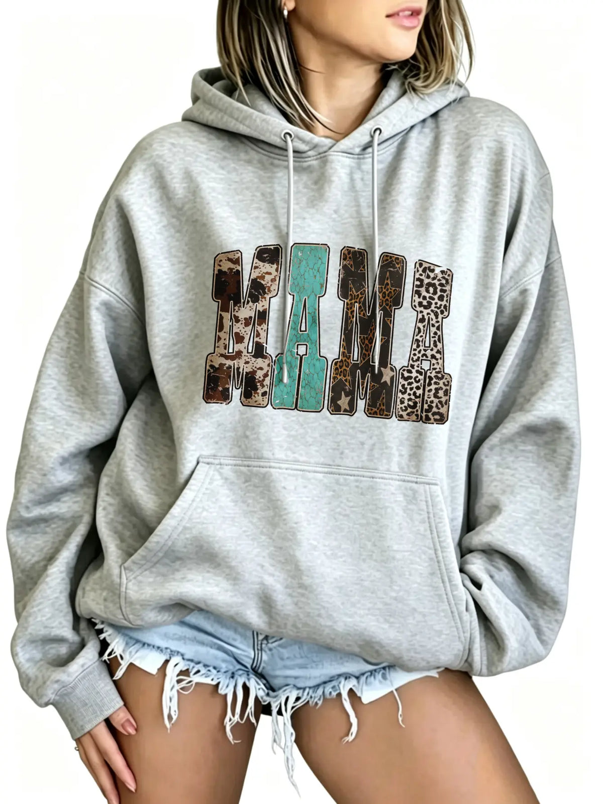 Women's Western Mama Graphic Pullover Hoodie - Cotton Blend, All-Seasons, Casual Vintage, Medium Cut, Country Leopard/Cow Print, Turquoise Letter, Pocketed, Cozy Loose Tops, Winter Outfits, Mother's Day Gift, Women's Clothing, Leopard Stuff