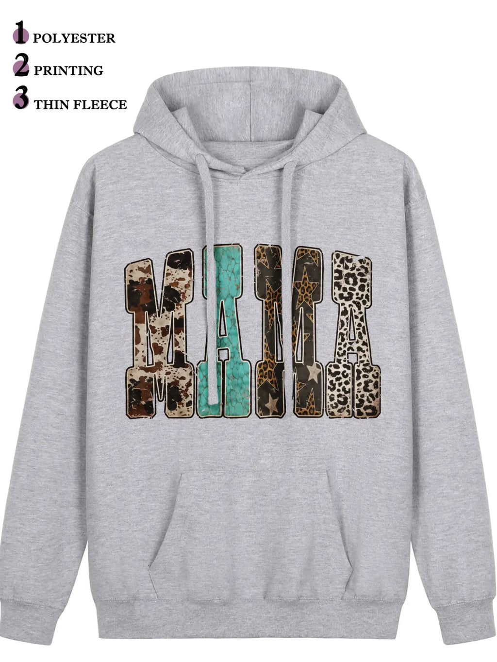Women's Western Mama Graphic Pullover Hoodie - Cotton Blend, All-Seasons, Casual Vintage, Medium Cut, Country Leopard/Cow Print, Turquoise Letter, Pocketed, Cozy Loose Tops, Winter Outfits, Mother's Day Gift, Women's Clothing, Leopard Stuff