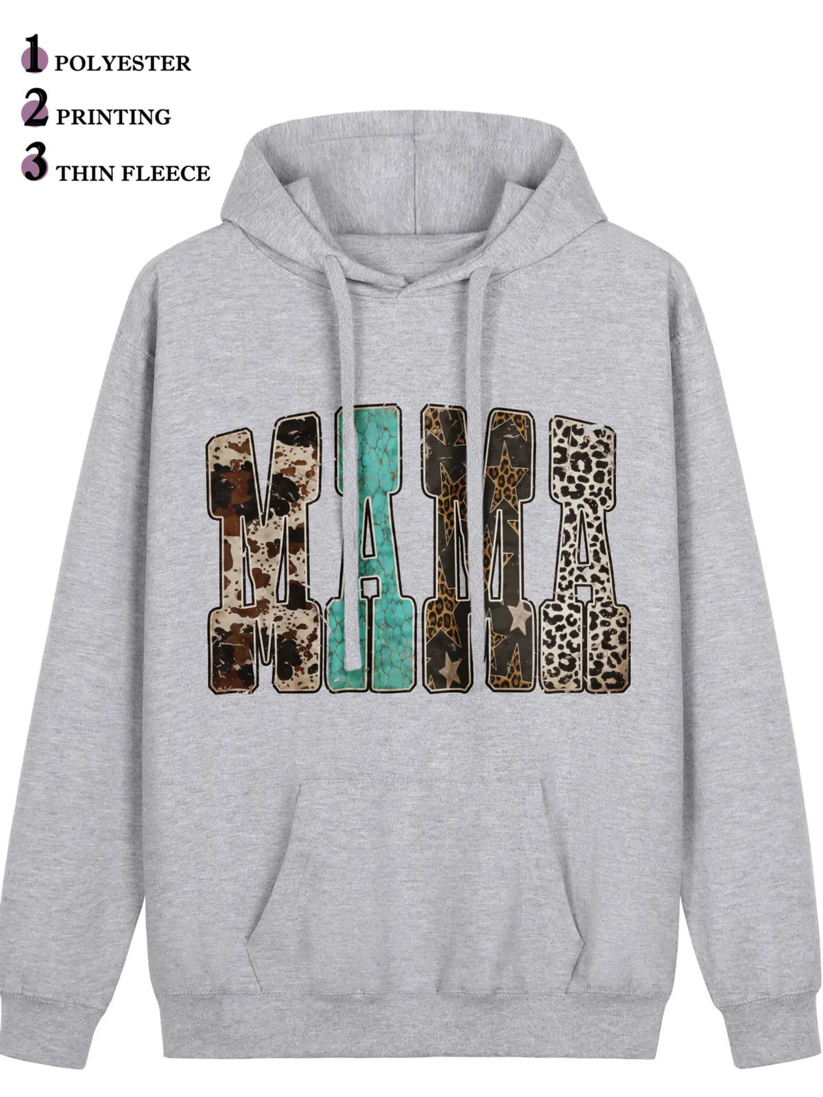 Women's Western Mama Graphic Pullover Hoodie - Cotton Blend, All-Seasons, Casual Vintage, Medium Cut, Country Leopard/Cow Print, Turquoise Letter, Pocketed, Cozy Loose Tops, Winter Outfits, Mother's Day Gift, Women's Clothing, Leopard Stuff