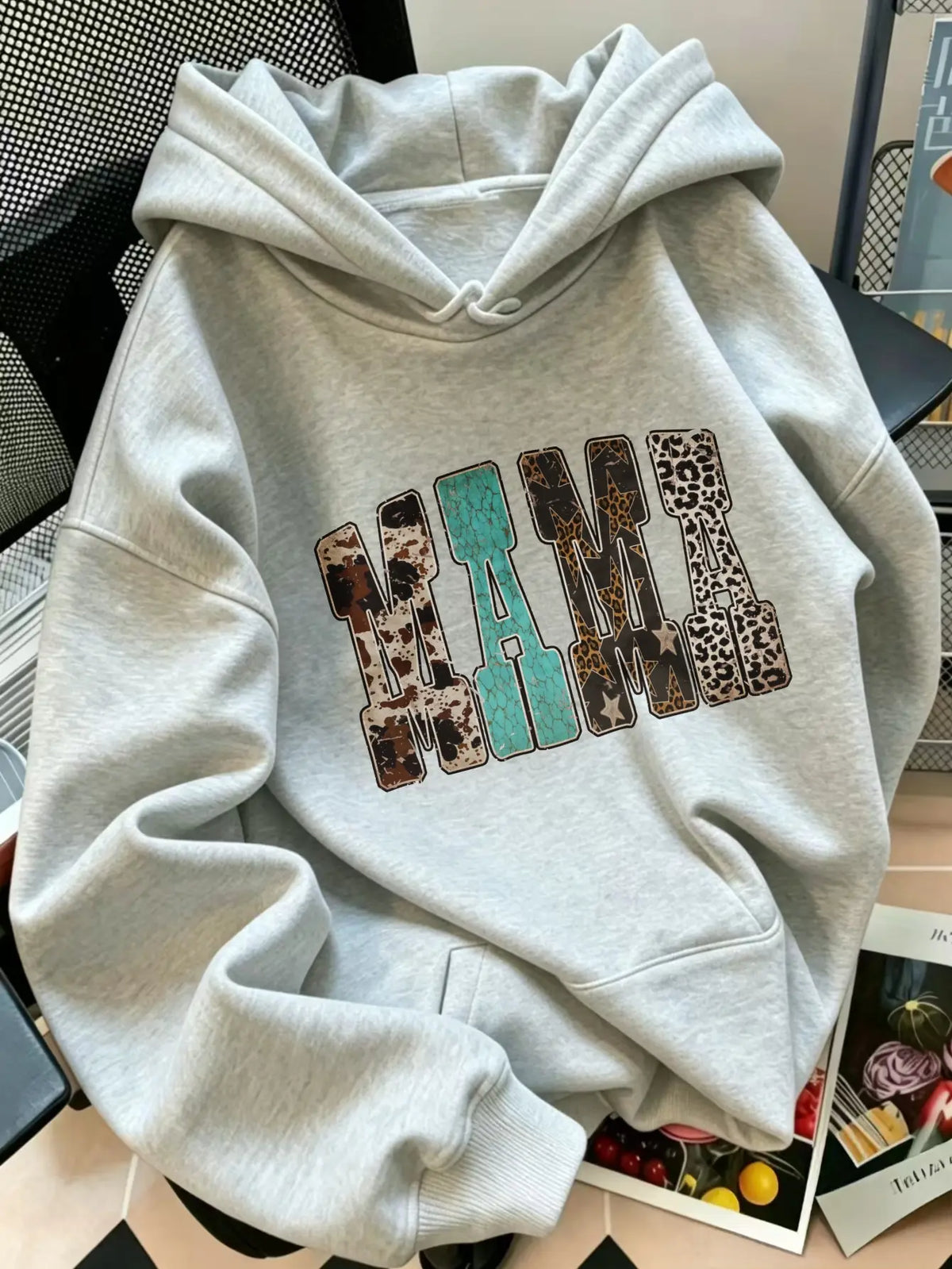Women's Western Mama Graphic Pullover Hoodie - Cotton Blend, All-Seasons, Casual Vintage, Medium Cut, Country Leopard/Cow Print, Turquoise Letter, Pocketed, Cozy Loose Tops, Winter Outfits, Mother's Day Gift, Women's Clothing, Leopard Stuff