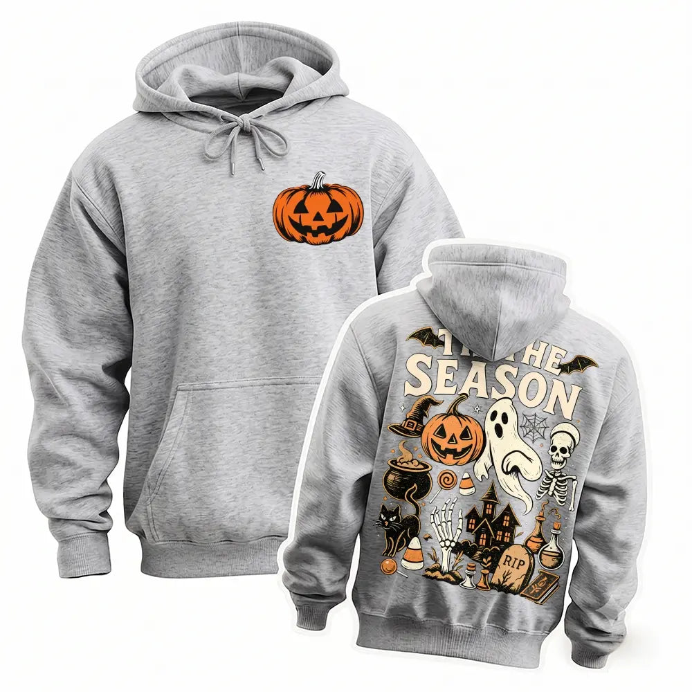 Halloween Spooky Season Graphic Hoodie, Pumpkin Ghost Skeleton Front and Back Print Pullover Sweatshirt, Vintage Horror Long Sleeve Streetwear Hoodie for Halloween Party, Fall and Daily Wear