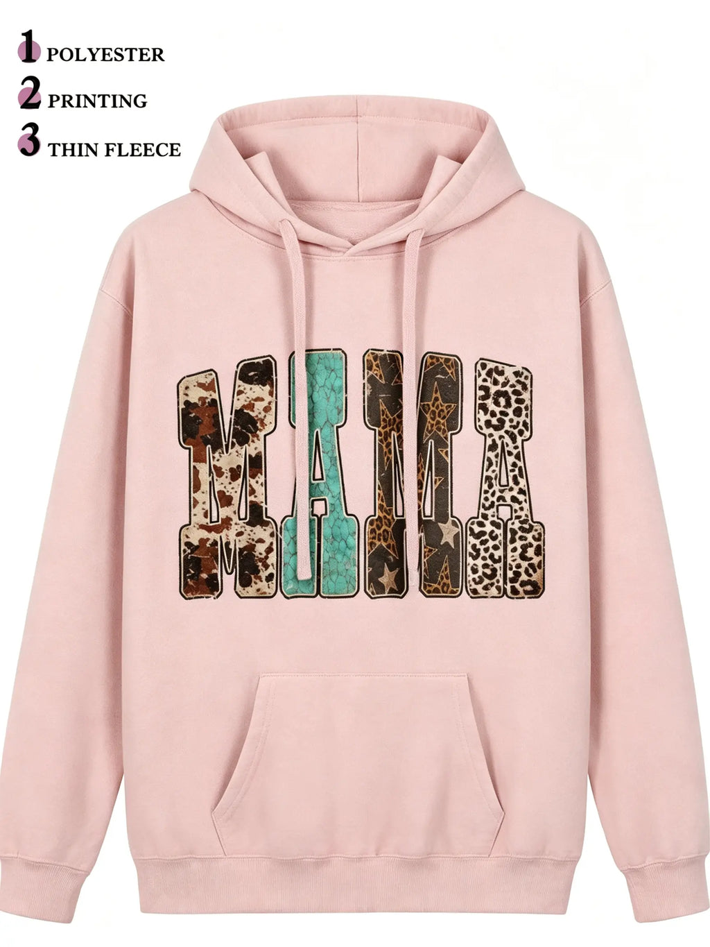 Women's Western Mama Graphic Pullover Hoodie - Cotton Blend, All-Seasons, Casual Vintage, Medium Cut, Country Leopard/Cow Print, Turquoise Letter, Pocketed, Cozy Loose Tops, Winter Outfits, Mother's Day Gift, Women's Clothing, Leopard Stuff
