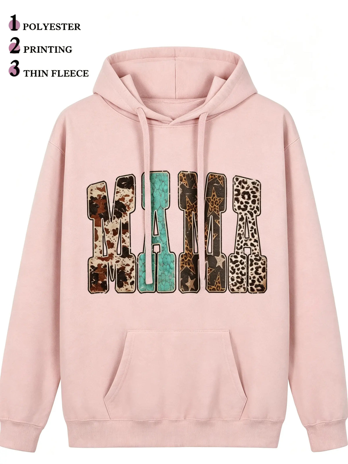 Women's Western Mama Graphic Pullover Hoodie - Cotton Blend, All-Seasons, Casual Vintage, Medium Cut, Country Leopard/Cow Print, Turquoise Letter, Pocketed, Cozy Loose Tops, Winter Outfits, Mother's Day Gift, Women's Clothing, Leopard Stuff