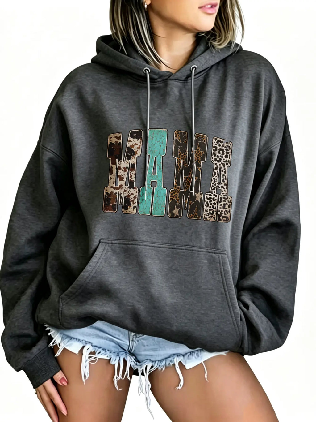 Women's Western Mama Graphic Pullover Hoodie - Cotton Blend, All-Seasons, Casual Vintage, Medium Cut, Country Leopard/Cow Print, Turquoise Letter, Pocketed, Cozy Loose Tops, Winter Outfits, Mother's Day Gift, Women's Clothing, Leopard Stuff