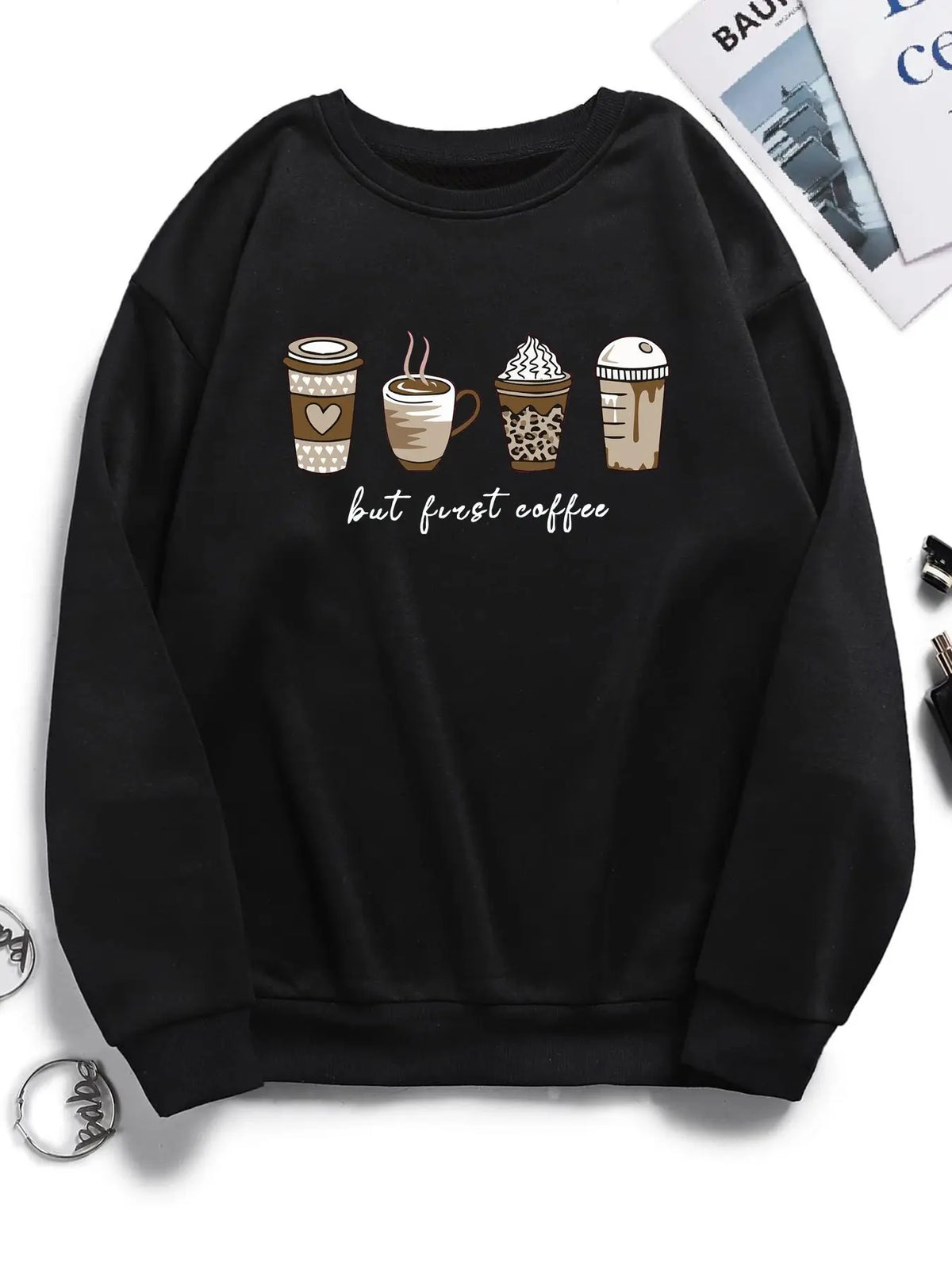 Women's Cartoon Coffee & Cup Print Drop Shoulder Round Neckline Sweatshirt, Casual Long-sleeve Pullover for Spring & Fall, Women's Clothes for Daily Wear