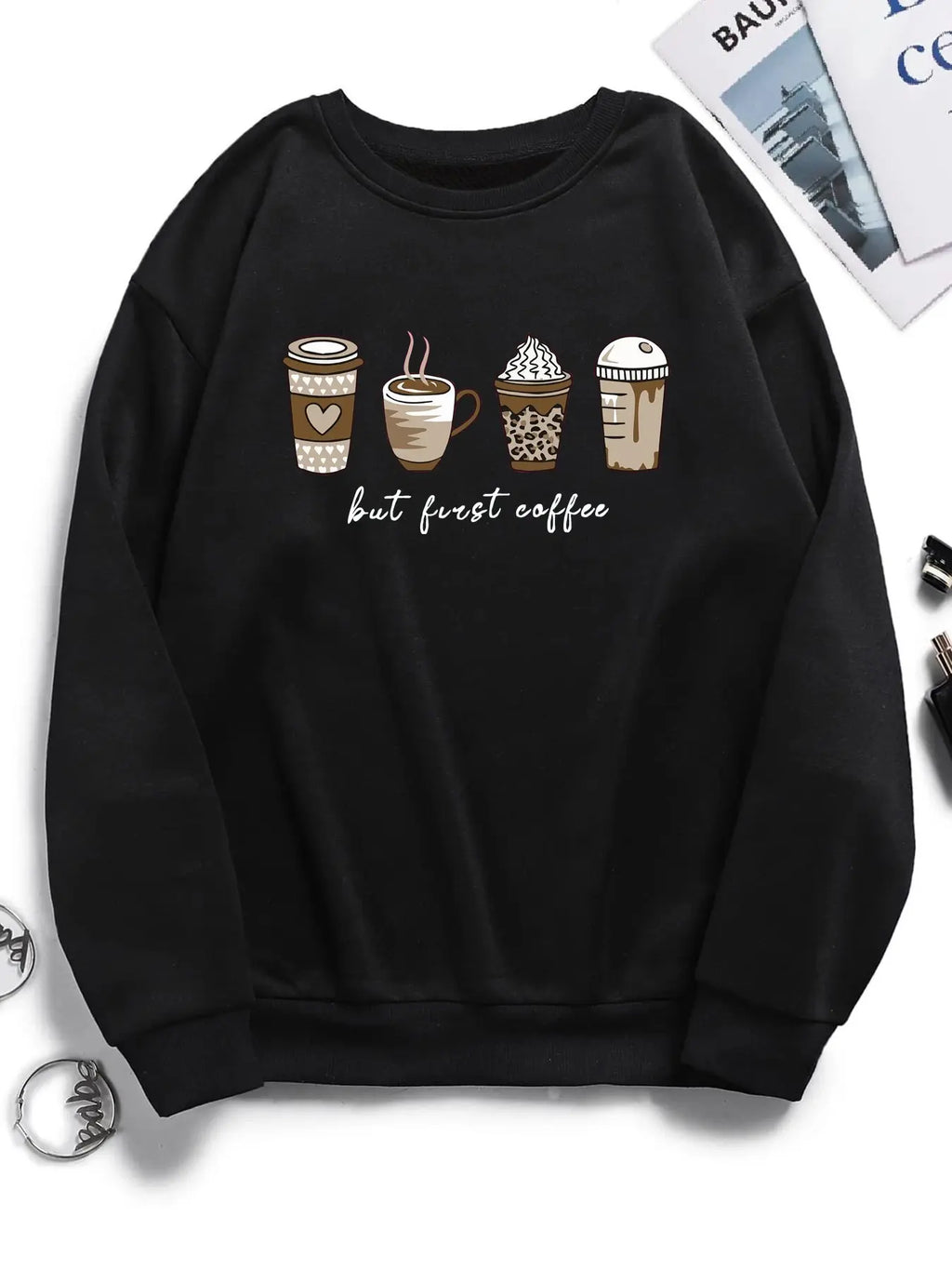 Women's Cartoon Coffee & Cup Print Drop Shoulder Round Neckline Sweatshirt, Casual Long-sleeve Pullover for Spring & Fall, Women's Clothes for Daily Wear