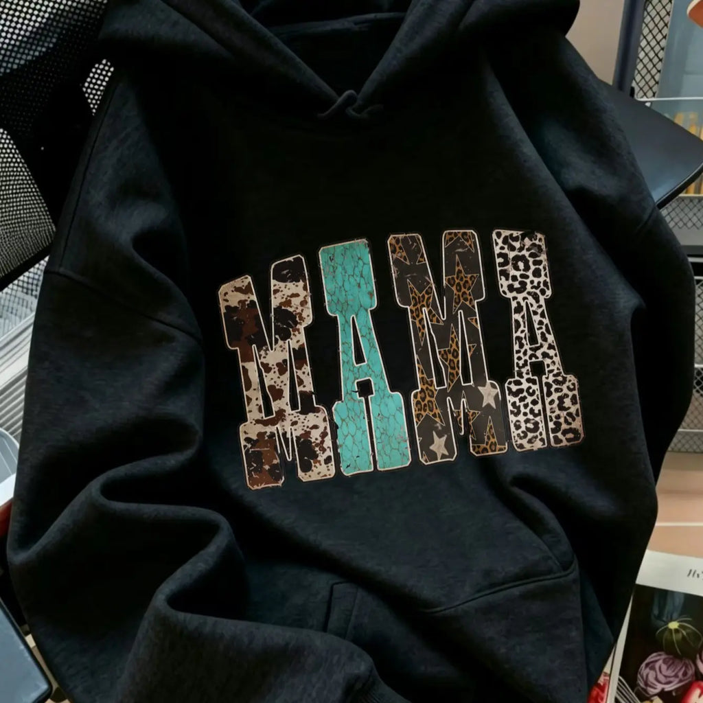 Women's Western Mama Graphic Pullover Hoodie - Cotton Blend, All-Seasons, Casual Vintage, Medium Cut, Country Leopard/Cow Print, Turquoise Letter, Pocketed, Cozy Loose Tops, Winter Outfits, Mother's Day Gift, Women's Clothing, Leopard Stuff