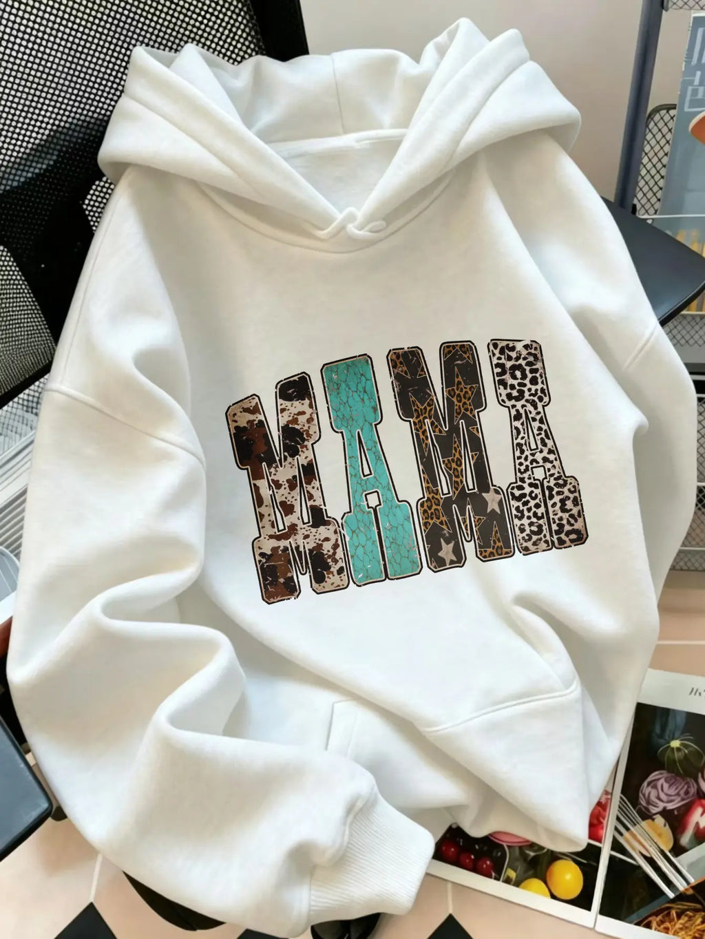 Women's Western Mama Graphic Pullover Hoodie - Cotton Blend, All-Seasons, Casual Vintage, Medium Cut, Country Leopard/Cow Print, Turquoise Letter, Pocketed, Cozy Loose Tops, Winter Outfits, Mother's Day Gift, Women's Clothing, Leopard Stuff