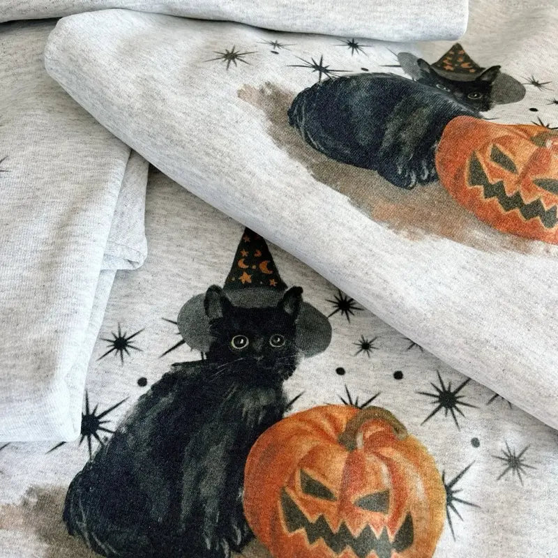 Spooky Cat Crewneck - VINTAGE WASH Halloween Spooky Season Ash Gray Sweatshirt - Black Cat and Pumpkin Crewneck