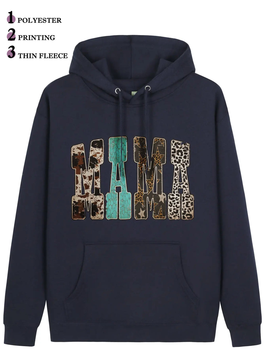 Women's Western Mama Graphic Pullover Hoodie - Cotton Blend, All-Seasons, Casual Vintage, Medium Cut, Country Leopard/Cow Print, Turquoise Letter, Pocketed, Cozy Loose Tops, Winter Outfits, Mother's Day Gift, Women's Clothing, Leopard Stuff